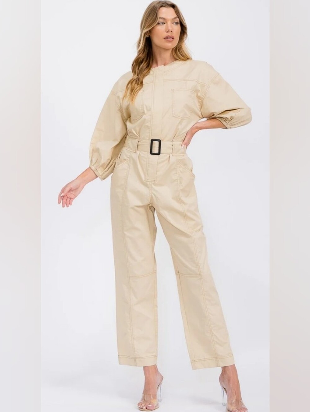 Strut & Bolt NWT Large Womens Beige Utility Belted Jumpsuit PTP 21 Inseam 29 - Picture 1 of 8
